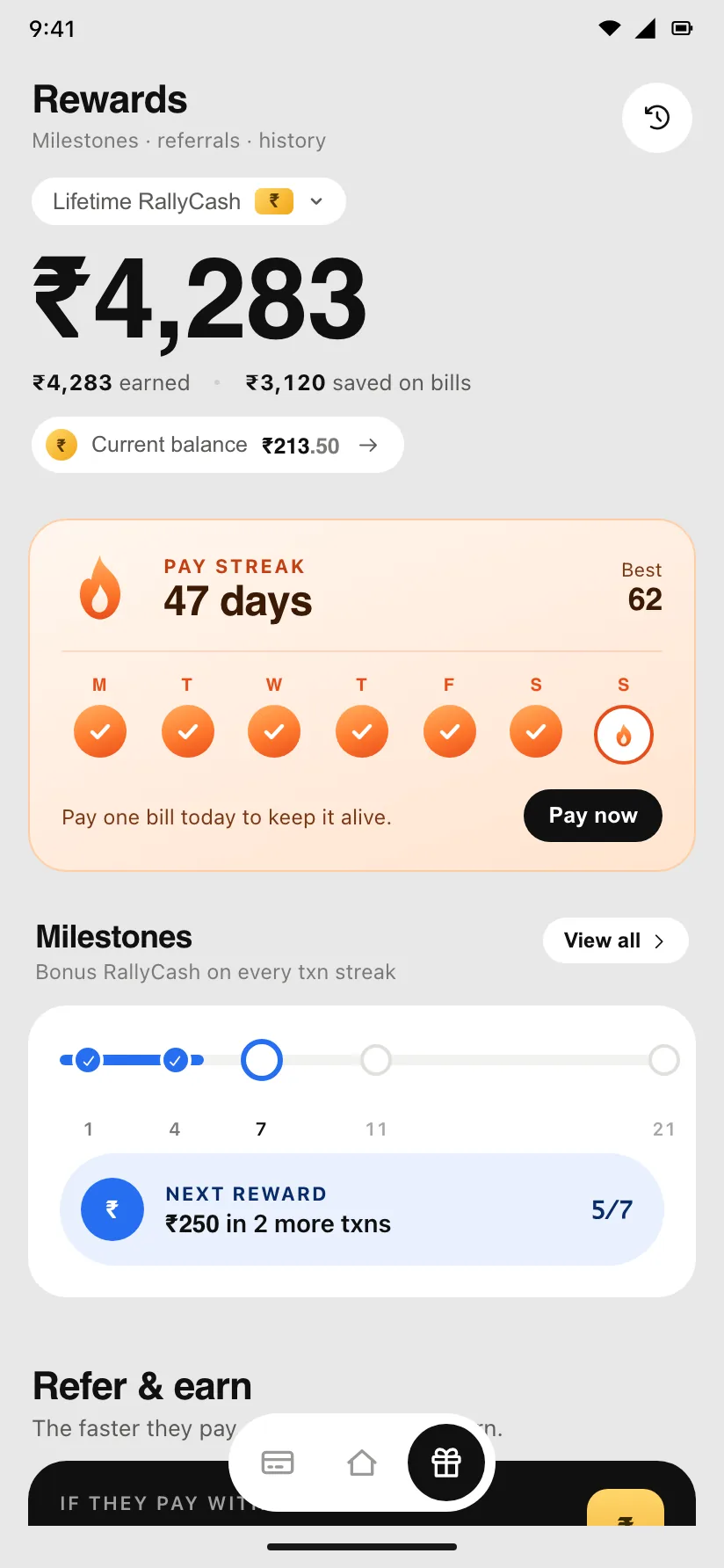 Rally app — RallyCash earned on every bill